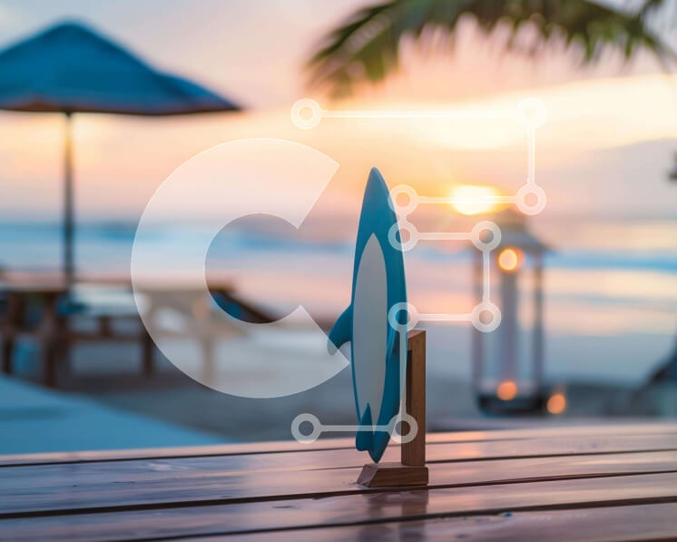 Intra Συλλεκτικό Ξύλινο Παζλ Plywood  4mm - Σκηνή παραλίας με ξύλινο τραπέζι, ομπρέλα και γλυπτό σανίδα του σερφ Σε Ξύλινο Κουτί - Διαστάσεις Puzzle: 10x10 cm – 25 κομμάτια