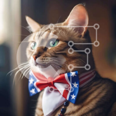 Intra Συλλεκτικό Ξύλινο Παζλ Plywood 4mm - Τιγρέ γάτα με παπιγιόν με αμερικανική σημαία Σε Ξύλινο Κουτί - Διαστάσεις: 10x10 cm – 25 κομμάτια - Image 1