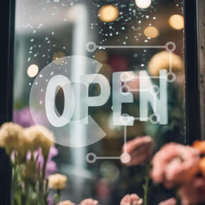 Intra Συλλεκτικό Ξύλινο Παζλ Plywood  4mm - Βιτρίνα με λουλούδια και ανοιχτή πινακίδα Σε Ξύλινο Κουτί - Διαστάσεις Puzzle: 10x10 cm – 25 κομμάτια - Image 1