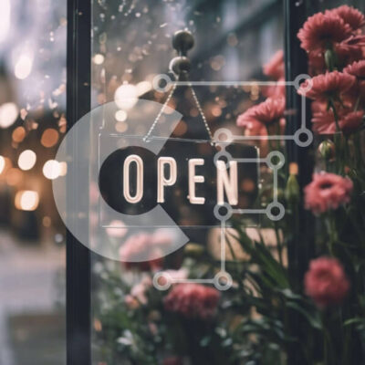 Intra Συλλεκτικό Ξύλινο Παζλ Plywood  4mm - Βιτρίνα καταστήματος με ανοιχτή πινακίδα και ροζ λουλούδια Σε Ξύλινο Κουτί - Διαστάσεις Puzzle: 10x10 cm – 25 κομμάτια - Image 1