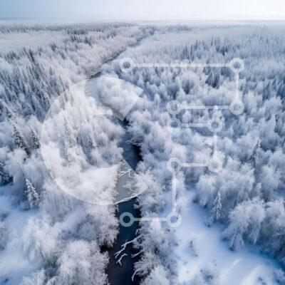 Intra Συλλεκτικό Ξύλινο Παζλ Plywood  4mm - Εναέρια άποψη του χιονισμένου ποταμού στο δάσος Σε Ξύλινο Κουτί - Διαστάσεις: 10x10 cm – 25 κομμάτια - Image 1