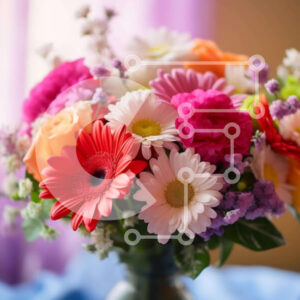 Intra Συλλεκτικό Ξύλινο Παζλ Plywood  4mm - Πολύχρωμη λουλουδένια σύνθεση σε γυάλινο βάζο σε μωβ τραπεζομάντιλο Σε Ξύλινο Κουτί - Διαστάσεις Puzzle: 10x10 cm – 25 κομμάτια