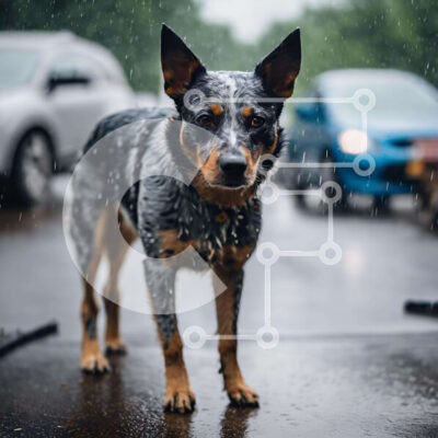 Intra Συλλεκτικό Ξύλινο Παζλ Plywood  4mm - Σκύλος που στέκεται στη βροχή στο δρόμο με αυτοκίνητα και ομπρέλες Σε Ξύλινο Κουτί - Διαστάσεις: 10x10 cm – 25 κομμάτια - Image 1