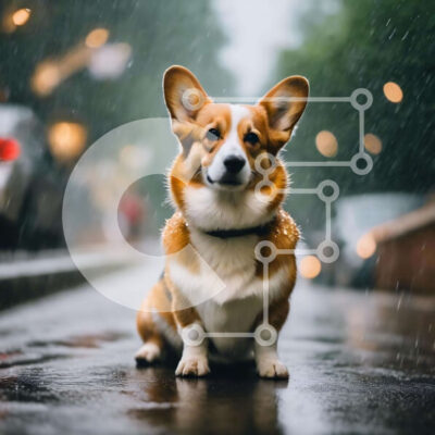 Intra Συλλεκτικό Ξύλινο Παζλ Plywood  4mm - Corgi Dog σε Rainy Urban σκηνικό Σε Ξύλινο Κουτί - Διαστάσεις: 10x10 cm – 25 κομμάτια - Image 1