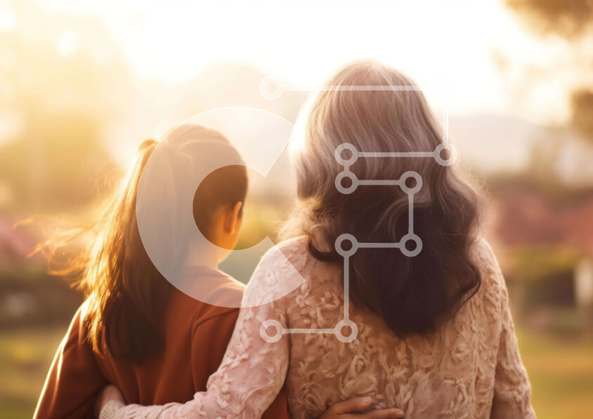 Intra Συλλεκτικό Ξύλινο Παζλ Plywood  4mm - Ηλικιωμένη γυναίκα και νεαρό κορίτσι σε ένα χορταριασμένο χωράφι Σε Ξύλινο Κουτί - Διαστάσεις Puzzle: 10x10 cm – 25 κομμάτια