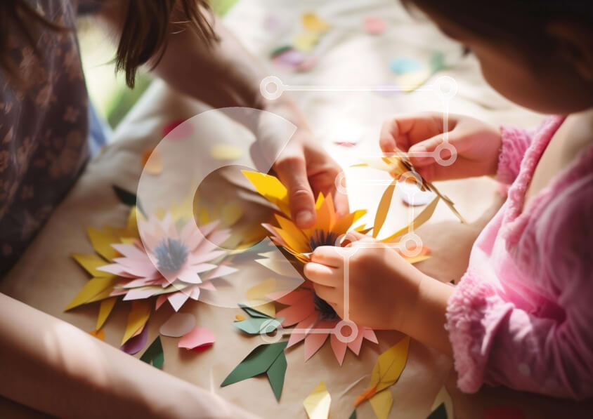 Intra Συλλεκτικό Ξύλινο Παζλ Plywood  4mm - Μητέρα και κόρη που δημιουργούν λουλούδια από χαρτί Σε Ξύλινο Κουτί - Διαστάσεις Puzzle: 10x10 cm – 25 κομμάτια