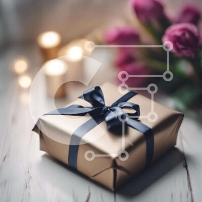 Intra Συλλεκτικό Ξύλινο Παζλ Plywood 4mm - Χρυσό κουτί δώρου με μπλε κορδέλα και κεριά Σε Ξύλινο Κουτί - Διαστάσεις: 10x10 cm – 25 κομμάτια - Image 1