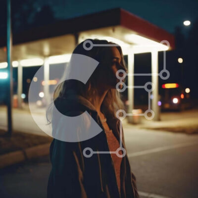 Intra Συλλεκτικό Ξύλινο Παζλ Plywood 4mm - Γυναίκα που στέκεται τη νύχτα δίπλα σε ένα άδειο βενζινάδικο Σε Ξύλινο Κουτί - Διαστάσεις Puzzle: 10x10 cm – 25 κομμάτια - Image 1