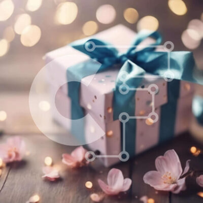 Intra Συλλεκτικό Ξύλινο Παζλ Plywood 4mm - Κουτί δώρου με μπλε κορδέλα και ροζ άνθη Σε Ξύλινο Κουτί - Διαστάσεις: 10x10 cm – 25 κομμάτια - Image 1