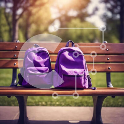 Intra Συλλεκτικό Ξύλινο Παζλ Plywood  4mm - Δύο μωβ σακίδια πλάτης στο πάρκο Σε Ξύλινο Κουτί - Διαστάσεις Puzzle: 10x10 cm – 25 κομμάτια - Image 1