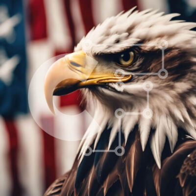 Intra Συλλεκτικό Ξύλινο Παζλ Plywood  4mm - Κοντινό πλάνο του φαλακρού αετού μπροστά από την αμερικανική σημαία Σε Ξύλινο Κουτί - Διαστάσεις: 10x10 cm – 25 κομμάτια - Image 1