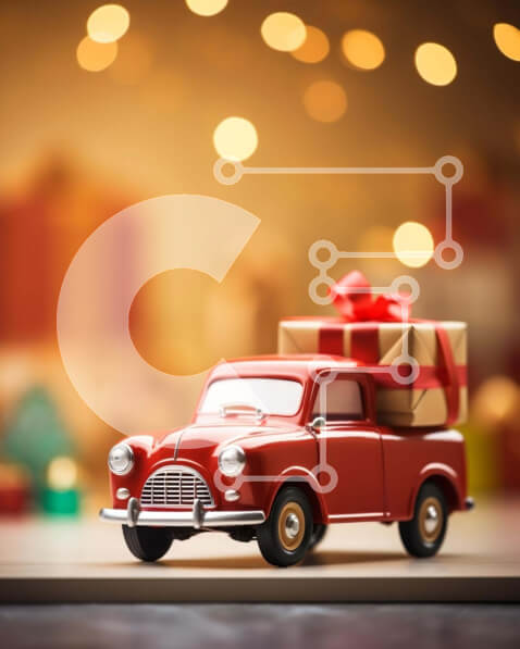 Intra Συλλεκτικό Ξύλινο Παζλ Plywood  4mm - Εορταστική σκηνή διακοπών με κόκκινο παιχνίδι αυτοκίνητο και κουτιά δώρων Σε Ξύλινο Κουτί - Διαστάσεις: 10x10 cm – 25 κομμάτια