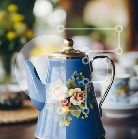 Intra Συλλεκτικό Ξύλινο Παζλ Plywood  4mm - Μπλε τσαγιέρα και φλιτζάνια στο τραπέζι φαγητού Σε Ξύλινο Κουτί - Διαστάσεις: 10x10 cm – 25 κομμάτια - Image 1