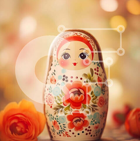 Intra Συλλεκτικό Ξύλινο Παζλ Plywood 4mm - Ρωσική κούκλα φωλιάσματος με πορτοκαλί λουλούδι και τριαντάφυλλα Σε Ξύλινο Κουτί - Διαστάσεις: 10x10 cm – 25 κομμάτια - Image 1