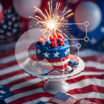 Intra Συλλεκτικό Ξύλινο Παζλ Plywood  4mm - Πατριωτικό κέικ με βαμπάκι και φόντο αμερικανικής σημαίας Σε Ξύλινο Κουτί - Διαστάσεις: 10x10 cm – 25 κομμάτια - Image 1