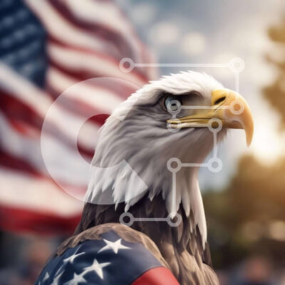 Intra Συλλεκτικό Ξύλινο Παζλ Plywood  4mm - Κοντινό πλάνο ενός αετού με αμερικανική σημαία Σε Ξύλινο Κουτί - Διαστάσεις: 10x10 cm – 25 κομμάτια - Image 1