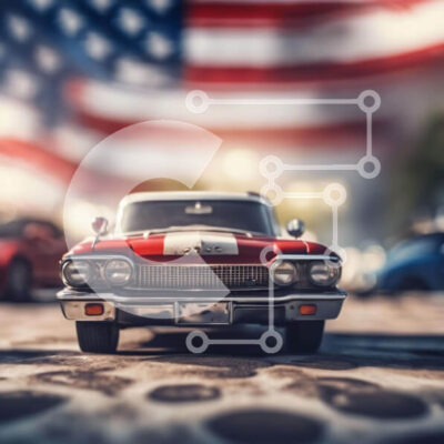 Intra Συλλεκτικό Ξύλινο Παζλ Plywood  4mm - Αυτοκίνητο παιχνίδι με αμερικανική σημαία για τους εορτασμούς της 4ης Ιουλίου Σε Ξύλινο Κουτί - Διαστάσεις Puzzle: 10x10 cm – 25 κομμάτια - Image 1