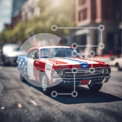 Intra Συλλεκτικό Ξύλινο Παζλ Plywood 4mm - Πατριωτικό αυτοκίνητο με αμερικανική σημαία που οδηγεί στον δρόμο Σε Ξύλινο Κουτί - Διαστάσεις Puzzle: 10x10 cm – 25 κομμάτια - Image 1