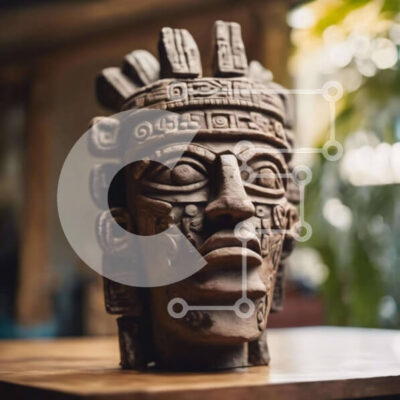 Intra Συλλεκτικό Ξύλινο Παζλ Plywood  4mm - Αρχαίο άγαλμα κεφαλιού των Μάγια σε ξύλινο τραπέζι Σε Ξύλινο Κουτί - Διαστάσεις Puzzle: 10x10 cm – 25 κομμάτια - Image 1