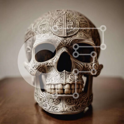 Intra Συλλεκτικό Ξύλινο Παζλ Plywood  4mm - Περίπλοκο σκαλιστό κρανίο σε παλιό ξύλινο τραπέζι Σε Ξύλινο Κουτί - Διαστάσεις Puzzle: 10x10 cm – 25 κομμάτια - Image 1