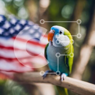 Intra Συλλεκτικό Ξύλινο Παζλ Plywood  4mm - Πολύχρωμος παπαγάλος σκαρφαλωμένος στην αμερικανική σημαία Σε Ξύλινο Κουτί - Διαστάσεις: 10x10 cm – 25 κομμάτια - Image 1