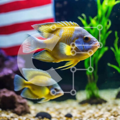 Intra Συλλεκτικό Ξύλινο Παζλ Plywood  4mm - Δύο ψάρια που κολυμπούν στο ενυδρείο με φόντο την αμερικανική σημαία Σε Ξύλινο Κουτί - Διαστάσεις: 10x10 cm – 25 κομμάτια - Image 1