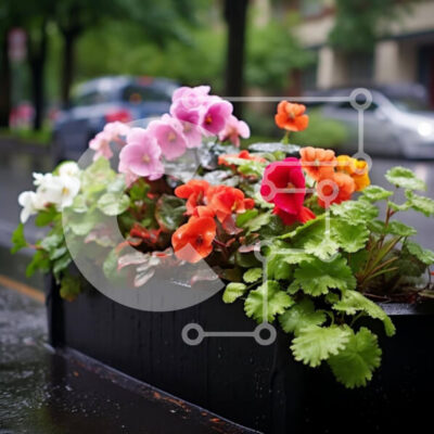 Intra Συλλεκτικό Ξύλινο Παζλ Plywood  4mm - Πολύχρωμα λουλούδια σε μαύρο φυτευτή στην αστική οδό Σε Ξύλινο Κουτί - Διαστάσεις: 10x10 cm – 25 κομμάτια - Image 1