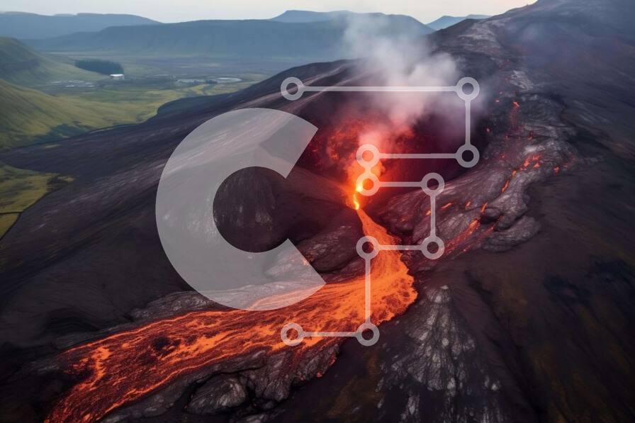 Intra Συλλεκτικό Ξύλινο Παζλ Plywood  4mm - Εναέρια άποψη της ροής λάβας από το ενεργό ηφαίστειο Σε Ξύλινο Κουτί - Διαστάσεις: 10x10 cm – 25 κομμάτια