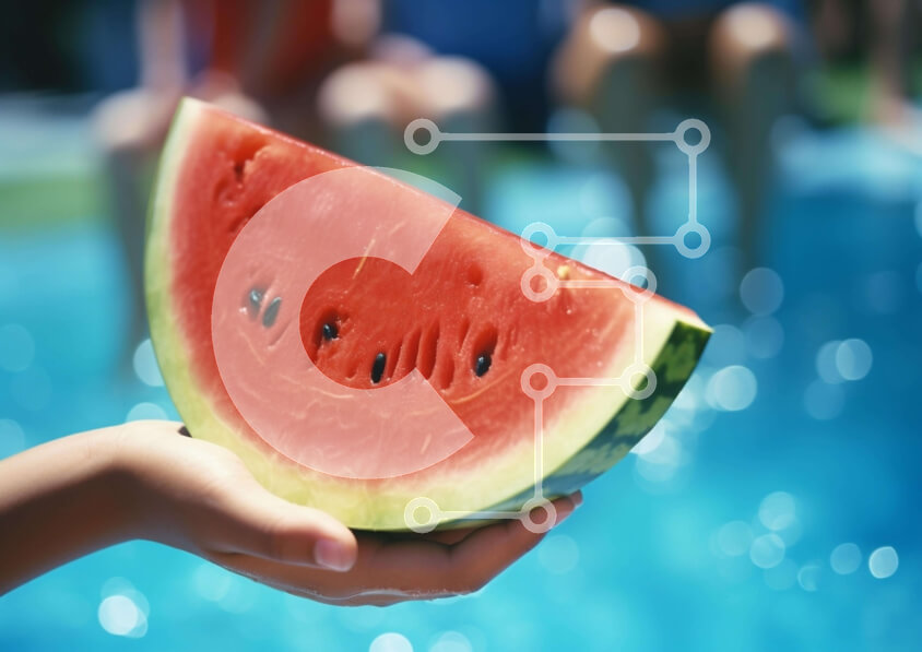 Intra Συλλεκτικό Ξύλινο Παζλ Plywood  4mm - Καλοκαιρινή σκηνή με καρπούζι δίπλα στην πισίνα Σε Ξύλινο Κουτί - Διαστάσεις Puzzle: 10x10 cm – 25 κομμάτια