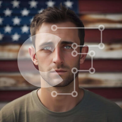 Intra Συλλεκτικό Ξύλινο Παζλ Plywood 4mm - Νεαρός άνδρας μπροστά από την αμερικανική σημαία Σε Ξύλινο Κουτί - Διαστάσεις Puzzle: 10x10 cm – 25 κομμάτια - Image 1