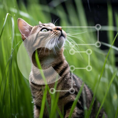 Intra Συλλεκτικό Ξύλινο Παζλ Plywood  4mm - Γάτα που κάθεται στο ψηλό γρασίδι και κοιτάζει ψηλά στον ουρανό Σε Ξύλινο Κουτί - Διαστάσεις: 10x10 cm – 25 κομμάτια - Image 1