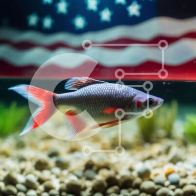 Intra Συλλεκτικό Ξύλινο Παζλ Plywood 4mm - Ψάρια που κολυμπούν στο ενυδρείο με φόντο την αμερικανική σημαία Σε Ξύλινο Κουτί - Διαστάσεις: 10x10 cm – 25 κομμάτια - Image 1