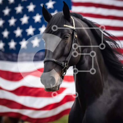 Intra Συλλεκτικό Ξύλινο Παζλ Plywood  4mm - Μεγαλοπρεπές μαύρο άλογο μπροστά από την αμερικανική σημαία Σε Ξύλινο Κουτί - Διαστάσεις: 10x10 cm – 25 κομμάτια - Image 1