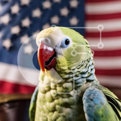 Intra Συλλεκτικό Ξύλινο Παζλ Plywood  4mm - Πράσινος παπαγάλος μπροστά από την αμερικανική σημαία Σε Ξύλινο Κουτί - Διαστάσεις: 10x10 cm – 25 κομμάτια - Image 1