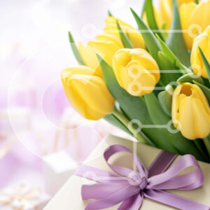 Intra Συλλεκτικό Ξύλινο Παζλ Plywood  4mm - Γιορτή γενεθλίων με κίτρινες τουλίπες και κουτιά δώρων Σε Ξύλινο Κουτί - Διαστάσεις: 10x10 cm – 25 κομμάτια