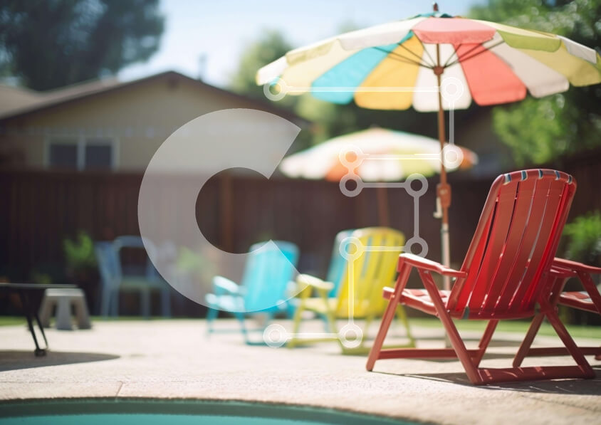 Intra Συλλεκτικό Ξύλινο Παζλ Plywood  4mm - Πολύχρωμη αυλή με γκαζόν καρέκλες και ομπρέλες Σε Ξύλινο Κουτί - Διαστάσεις Puzzle: 10x10 cm – 25 κομμάτια