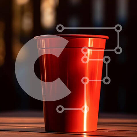 Intra Συλλεκτικό Ξύλινο Παζλ Plywood  4mm - Κόκκινο πλαστικό κύπελλο σε εξωτερικό ξύλινο τραπέζι Σε Ξύλινο Κουτί - Διαστάσεις: 10x10 cm – 25 κομμάτια - Image 1