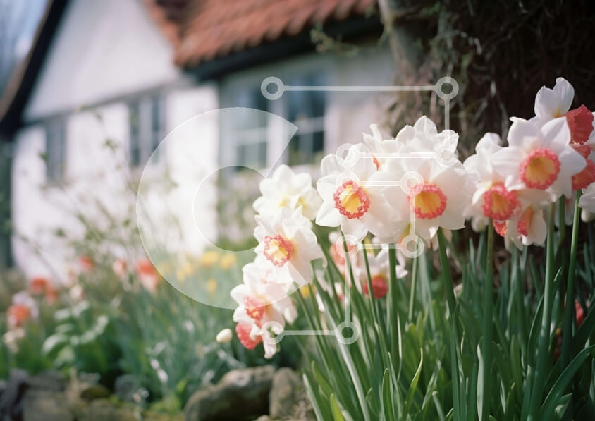 Intra Συλλεκτικό Ξύλινο Παζλ Plywood  4mm - Λευκοί και ροζ ασφόδελοι μπροστά από ένα σπίτι Σε Ξύλινο Κουτί - Διαστάσεις: 10x10 cm – 25 κομμάτια