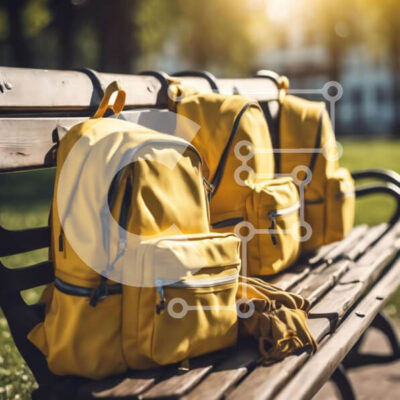 Intra Συλλεκτικό Ξύλινο Παζλ Plywood  4mm - Τρία κίτρινα σακίδια πλάτης στον ξύλινο πάγκο στο πάρκο Σε Ξύλινο Κουτί - Διαστάσεις Puzzle: 10x10 cm – 25 κομμάτια - Image 1