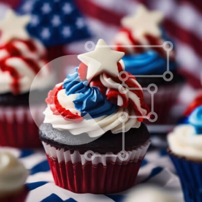 Intra Συλλεκτικό Ξύλινο Παζλ Plywood  4mm - Πατριωτικά cupcakes σε τραπεζομάντιλο αμερικανικής σημαίας Σε Ξύλινο Κουτί - Διαστάσεις: 10x10 cm – 25 κομμάτια - Image 1