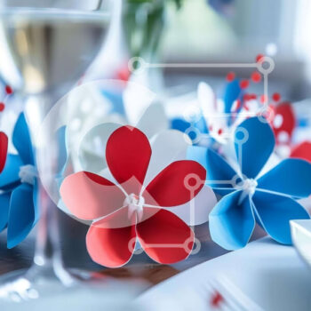 Intra Συλλεκτικό Ξύλινο Παζλ Plywood  4mm - Τραπέζι σε κόκκινο, λευκό και μπλε με ποτήρια κρασιού και χάρτινα λουλούδια Σε Ξύλινο Κουτί - Διαστάσεις Puzzle: 10x10 cm – 25 κομμάτια - Image 1