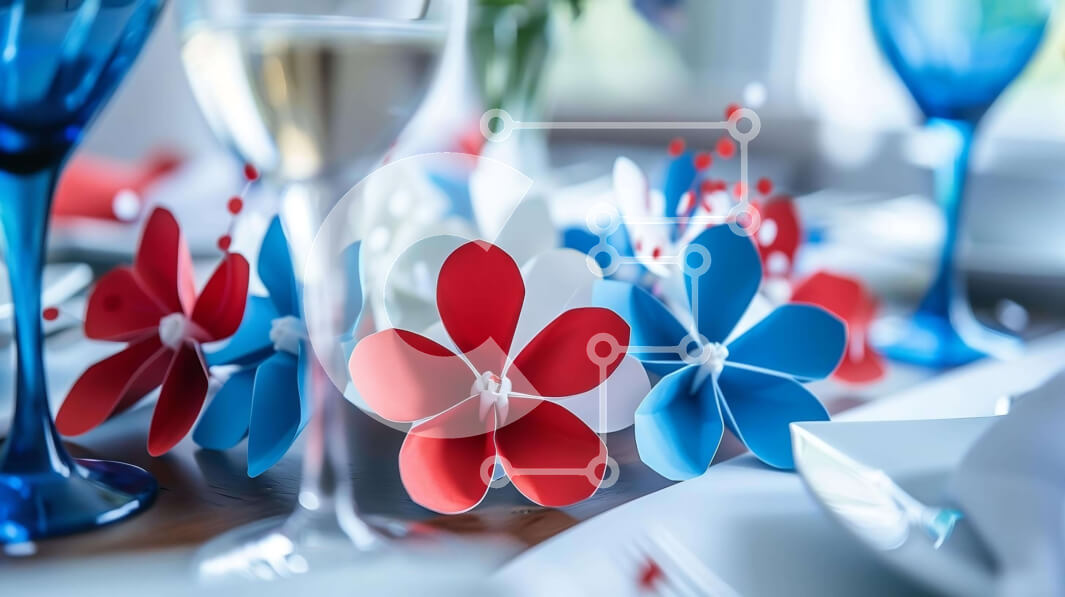 Intra Συλλεκτικό Ξύλινο Παζλ Plywood  4mm - Τραπέζι σε κόκκινο, λευκό και μπλε με ποτήρια κρασιού και χάρτινα λουλούδια Σε Ξύλινο Κουτί - Διαστάσεις Puzzle: 10x10 cm – 25 κομμάτια