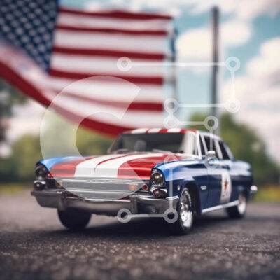 Intra Συλλεκτικό Ξύλινο Παζλ Plywood  4mm - Αυτοκίνητο παιχνίδι μπροστά από την αμερικανική σημαία Σε Ξύλινο Κουτί - Διαστάσεις Puzzle: 10x10 cm – 25 κομμάτια - Image 1