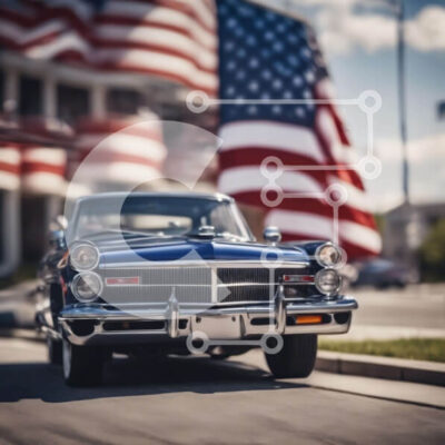 Intra Συλλεκτικό Ξύλινο Παζλ Plywood  4mm - Vintage αυτοκίνητο μπροστά από την αμερικανική σημαία Σε Ξύλινο Κουτί - Διαστάσεις Puzzle: 10x10 cm – 25 κομμάτια - Image 1