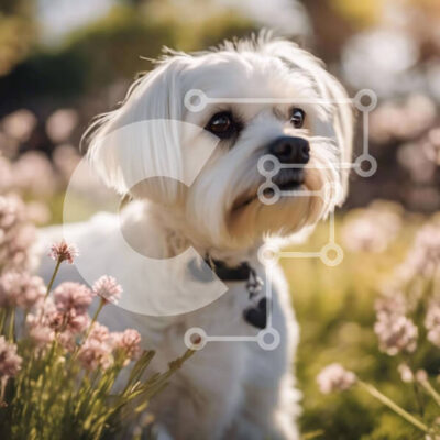 Intra Συλλεκτικό Ξύλινο Παζλ Plywood  4mm - Λευκό σκυλί ανάμεσα σε ροζ λουλούδια Σε Ξύλινο Κουτί - Διαστάσεις: 10x10 cm – 25 κομμάτια - Image 1