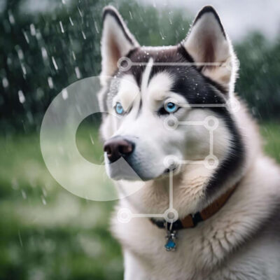 Intra Συλλεκτικό Ξύλινο Παζλ Plywood  4mm - Λευκό και μαύρο γεροδεμένο σκυλί με μπλε μάτια στη βροχή Σε Ξύλινο Κουτί - Διαστάσεις: 10x10 cm – 25 κομμάτια - Image 1