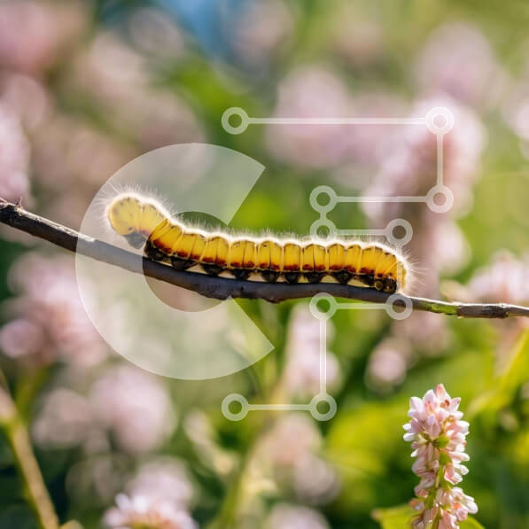 Intra Συλλεκτικό Ξύλινο Παζλ Plywood  4mm - Κίτρινη κάμπια στον κλάδο των ροζ λουλουδιών Σε Ξύλινο Κουτί - Διαστάσεις: 10x10 cm – 25 κομμάτια