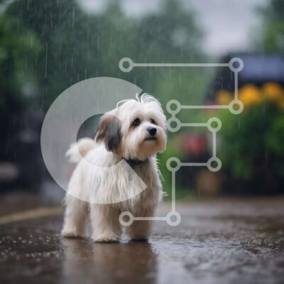 Intra Συλλεκτικό Ξύλινο Παζλ Plywood 4mm - Μικρό λευκό σκυλί που στέκεται στη βροχή με φυτά Σε Ξύλινο Κουτί - Διαστάσεις: 10x10 cm – 25 κομμάτια - Image 1