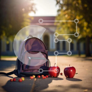 Intra Συλλεκτικό Ξύλινο Παζλ Plywood  4mm - Μωβ σακίδιο πλάτης δίπλα σε δύο μήλα Σε Ξύλινο Κουτί - Διαστάσεις Puzzle: 10x10 cm – 25 κομμάτια