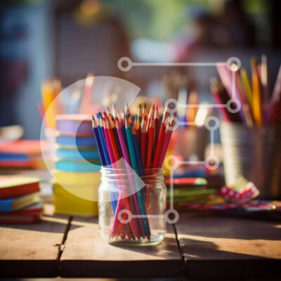 Intra Συλλεκτικό Ξύλινο Παζλ Plywood  4mm - Πολύχρωμα είδη γραφικής ύλης και σημειωματάρια σε ένα ξύλινο τραπέζι Σε Ξύλινο Κουτί - Διαστάσεις: 10x10 cm – 25 κομμάτια - Image 1